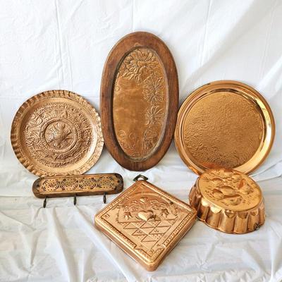  Vintage Copper Lot- Embossed Trays, Platters, Wall Hook, and Decorative Kitchenware w/ floral motifs