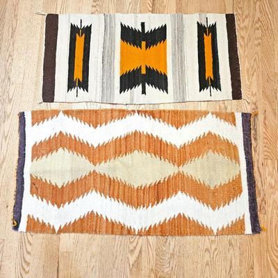 TOP) Hand Woven Wool Navajo Table Runner w/ Butterfly Motif: (Lower) Zapotec Hand Loomed and Dyed Rug