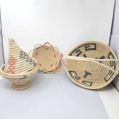  African Palm Grass Basket lot - One with Conical Lid, Plate, and Handled Basket