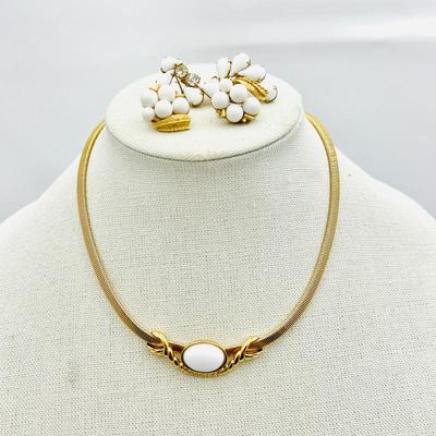 - Vintage Monet Gold Tone and White Enamel Necklace and Two Clip Earring Set