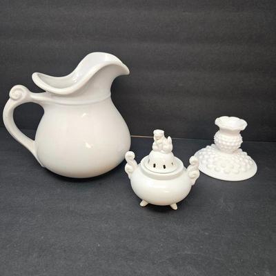 Set of Three White Porcelain Pieces - Heavy White Water Pitcher - Tri-Leg Foo Dog Incense Burner from Japan