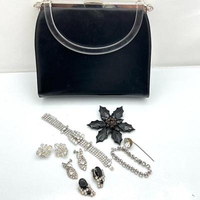 Lot #197 - Vintage Rhinestone Jewelry Lot with Black/Floral Handbag