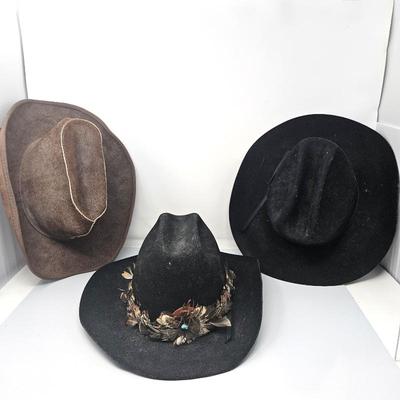 - Lot of Vintage Cowboy Hats- Bollman Adventurer Hat, Brown suede cowboy hat by Scully, Black Wool Sheplers cowboy hat