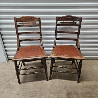 - Set of Two Antique Wood Chairs with Leather Seats - Originally Rattan Rush Seats Re-Done