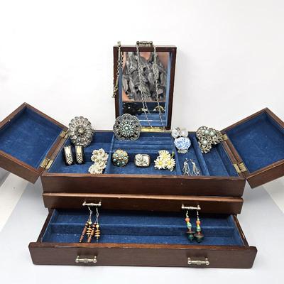  Jewelry Box Filled with Assorted Earrings, Brooches, Necklaces, Collar Pins & More~
