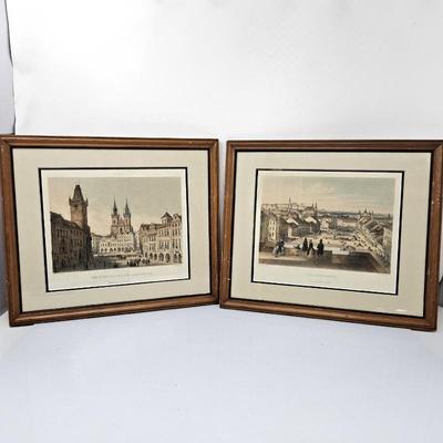  Set of Two Framed 19th-century Central European lithographic cityscapes - Hand Colored Lithographs - Prague