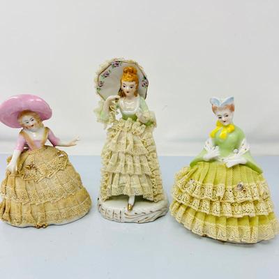 Set of 3 Vintage Dresden Style Porcelain Lady Figurines w/ Fabric Lace Dresses