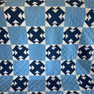 Antique Queen Cross Quilt, Hand-Stitched Construction in Blue and White 76” x 66”
