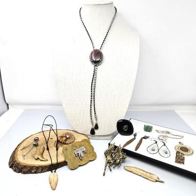  Lot of Western Style Jewelry: Belt Buckle, Bolo Tie, Rings, Earrings and More