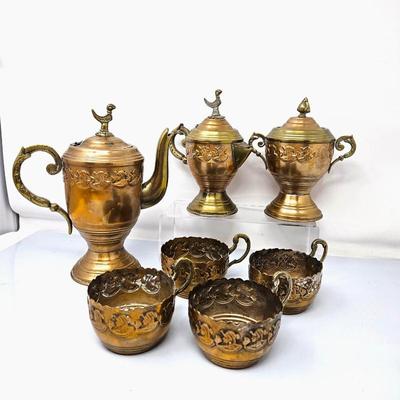 Vintage Copper Tea Set- Middle Eastern Set w/ Embossed Design Includes Teapot, Sugar and Creamer, Plus Four Cups