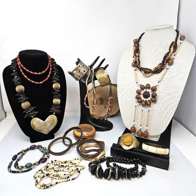Large Lot of Assorted Wood, Brass, Beaded and Mother-of-Pearl Jewelry