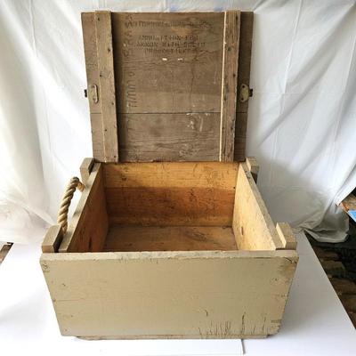  Vintage Military Wooden Ammo Crate - Solid Cannon Projectile Ammunition Box- w/ Rope Handles