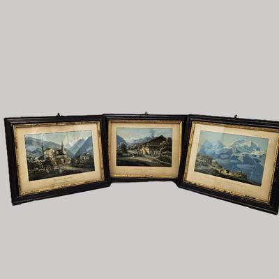 Set of Three Framed 19th Century Swiss Alpine Landscape Hand Colored Lithographs