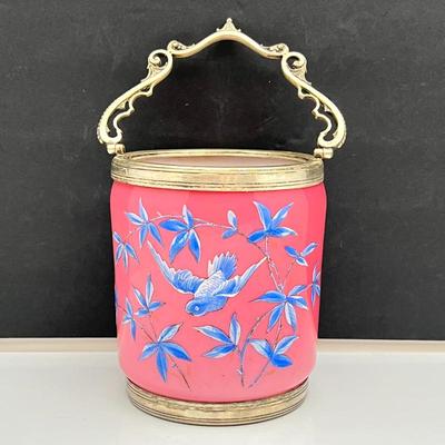 Lot #163 - Antique Pink Opaline Glass Barrel / Biscuit Jar w/ Hand Painted Sparrow and Sterling Plated Rims & Handle