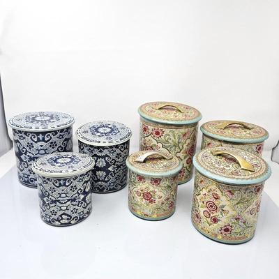  Vintage Blue and White Delft Metal Canisters Set and Holland Tin Set, Embossed Round Metal Floral Canisters