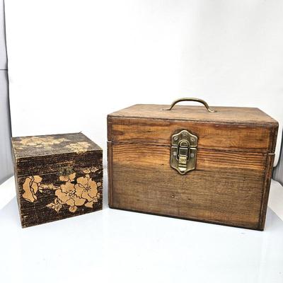  Antique Flemish Art Pyrography wooden box- Plus a Wooden Treasures Chest Box with Handle and Hinged Top
