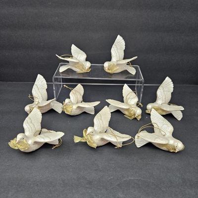 Set of 9 Christmas Ornaments from the Mid Century - Porcelain Iridescent Doves