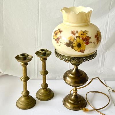Vintage Glass Globe, 'Gone with the Wind' Style Hurricane Lamp w/ Set of Two Brass Candle Sticks