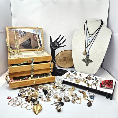 - Large Lot of Assorted Costume Jewelry Including a small 4 Drawer Jewelry Box