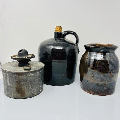 Antique Brown Salt Glazed Whiskey Jug, Brown Stoneware Preserve Snuff Jar (No Lid) and Galvanized Oil Lamp 