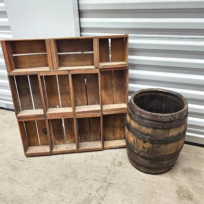 Old Wood Storage Organizer Plus Antique Barrel