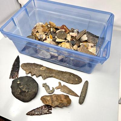  Native American lithic and archaeological artifacts plus a container of Tools, Arrowheads, and pottery fragments

