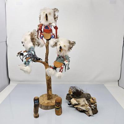 Lot #2 - Owl Family Tree - Kachinas in a Tree by "L. Joe" 18"T Plus two small Carved Hopi Girls - Native American