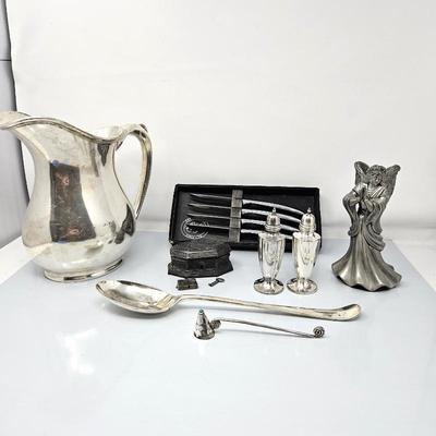  Assorted Silver Plate, Pewter and Knife Set, Salt & Pepper, Plus Angle Candle Holder