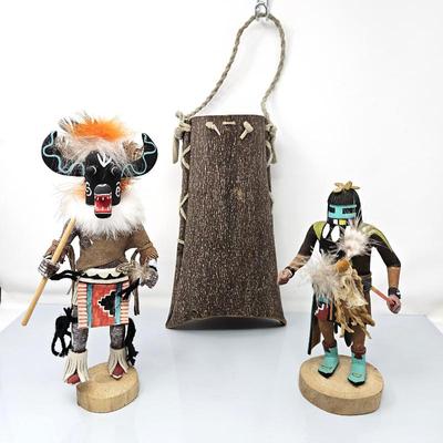 "Black Ogre" Kachina Dancer by K. Largo, Plus Long Hair Hopi Kachina and A Wood Bark Berry Basket - Native American