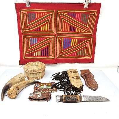 Lot #12 - Assorted Arts and Crafts from Various Native American Tribes and Regions Including Carved Knife & Two Powder Horns