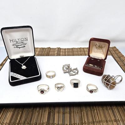  Assorted Sterling Silver Rings and a Sterling Brooch - Also Includes 14k Tiny Black Stud Earrings - New