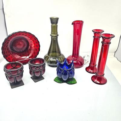  Vintage Colored Art Glass- Candle Sticks, Vases, Avon Ruby Red Bowl, Goblets, Blue Tulip Candle Holder 