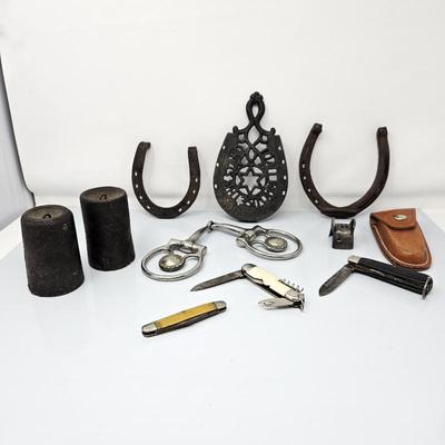  Assorted Items: Cast Iron Clock Weights, Horseshoes, Pocket Knives, Wilton Trivet & Western Style Horse Bit!