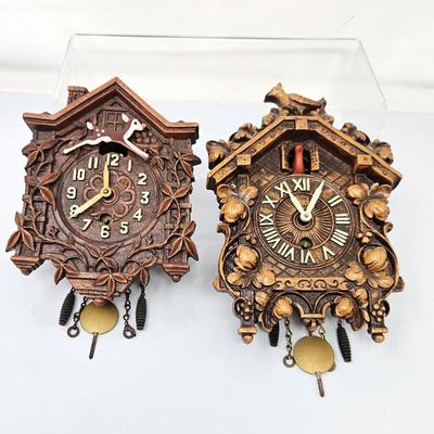 Lot #27 - Set of Two Mid Century Lux Brand (Waterbury, Conn) Small Cuckoo Clocks - Each about 6" Tall