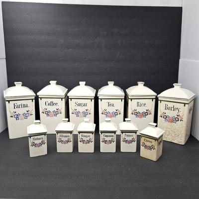 Large 12pc. German Collection of Vintage Ceramic Canisters and Spice Jars in White with Floral Pattern