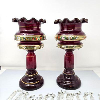 Antique Bohemian-style glass mantle lusters in Ruby Red Glass - 24 Hanging Crystals Included.