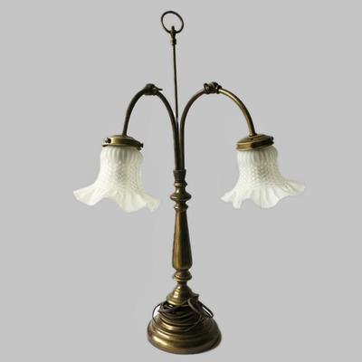 Vintage Adjustable Brass Gooseneck Desk/Table Lamp- Art Nouveau Style w/ White Lilly Glass Shades and two Branches ~ Beautiful!