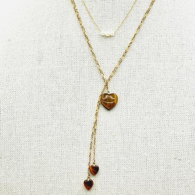 Pair of Vintage Gold Necklaces- 14k Cultured Pearl (Unused) & Gold Plated Lariat w/ Heart Shaped Tigers Eye Stones