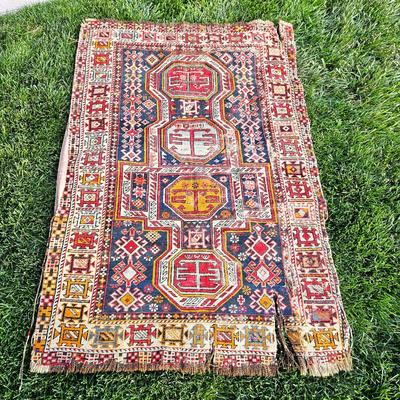Lot #14 - Antique Handmade Tribal Area Rug with Geometric Designs - Damage Seen