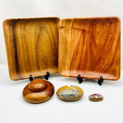 Set of Monkey Pod and Kamani Wood Trays from Hawaii- Plus Wooden Round Vessel with lid and more... 
