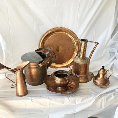  Vintage Copperware Set- watering can, pitcher, bucket, and various decorative bowls