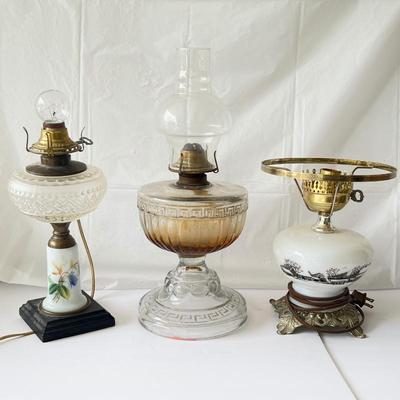 Three Vintage & Antique Glass Table Lamps- Electric & Oil, Queen Anne, Currier Ives, Greek Key 