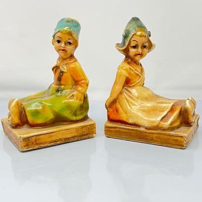  Dutch Chalkware Bookends Boy and Girl