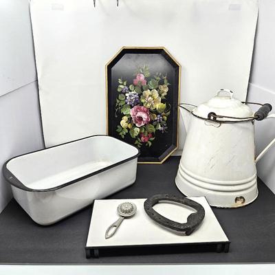 Lot of Tin Kitchen Enamelware Plus Hand Painted Toleware Tray and Cast Iron Iron Stand
