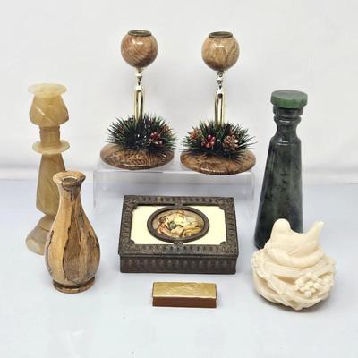   Vintage Decorative Items Auction Lot: Polished Wood, Marble, Myrtlewood, Bone, and More!