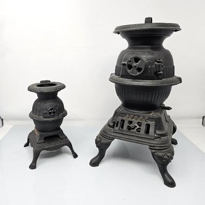  Two cast iron miniature parlor stoves, modeled after full-sized potbelly stoves from 1800's. Salesman Samples!
