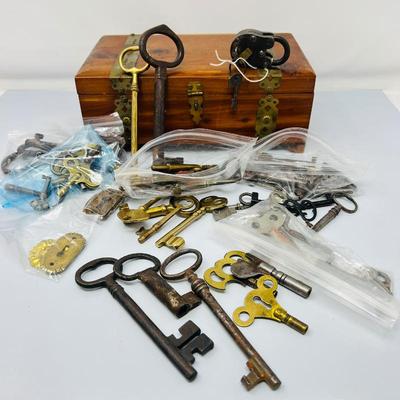  Treasure Chest with Antique French Keys, Furniture Keys, 19th C Padlock, Skeleton Keys, Clock Keys, Barrel Keys …