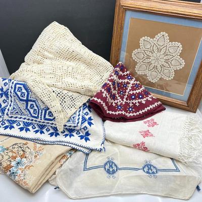 Lot #190 - Vintage Textile Collection including Hand-Crocheted Lace Queen Blanket