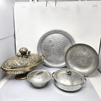  Vintage Rodney Kent Hand-Wrought Hammered Aluminum Serving Set- Plus a Vintage Footed Serving Terrine