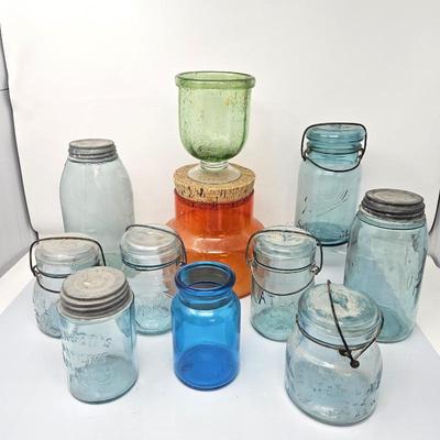  Assorted Early 1900's Ball, Mason, and Atlas Canning Jars Plus Other Vtg Glassware